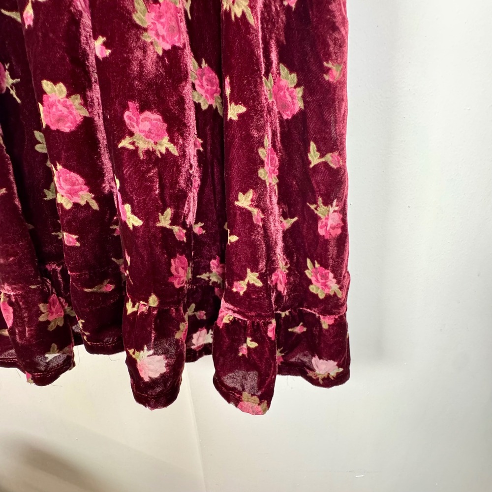 Altar'd State Kortney Velvet Mini Dress Burgundy Floral Coquette Ruffle Bow S - Picture 6 of 8